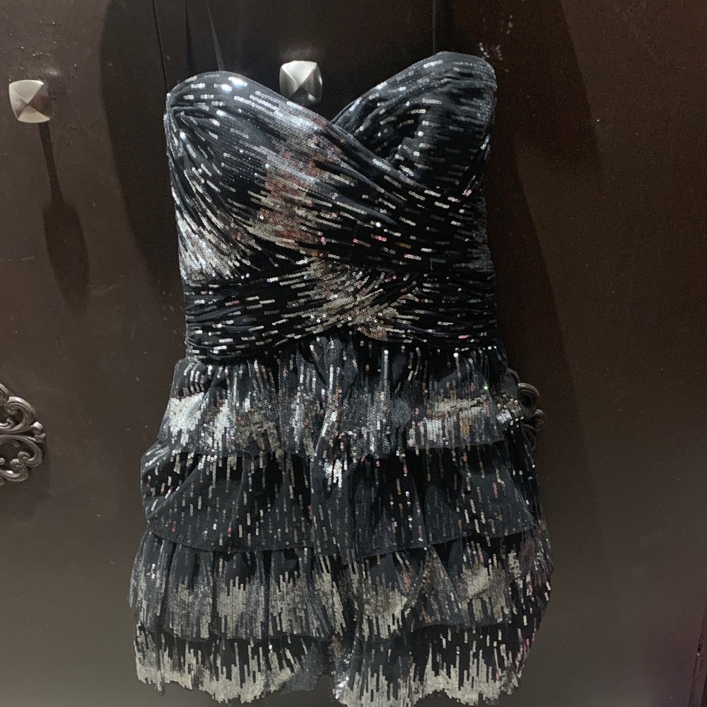 Vintage Roberta Bridal sequin Strapless Black and Silver Dress